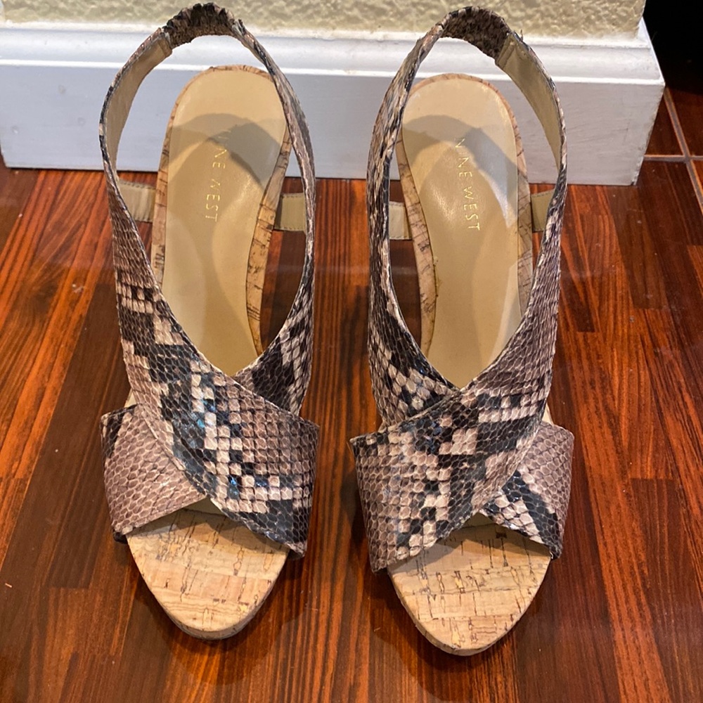 Nine West Women's Snake Print Slingback Wedge Sandals in Brown